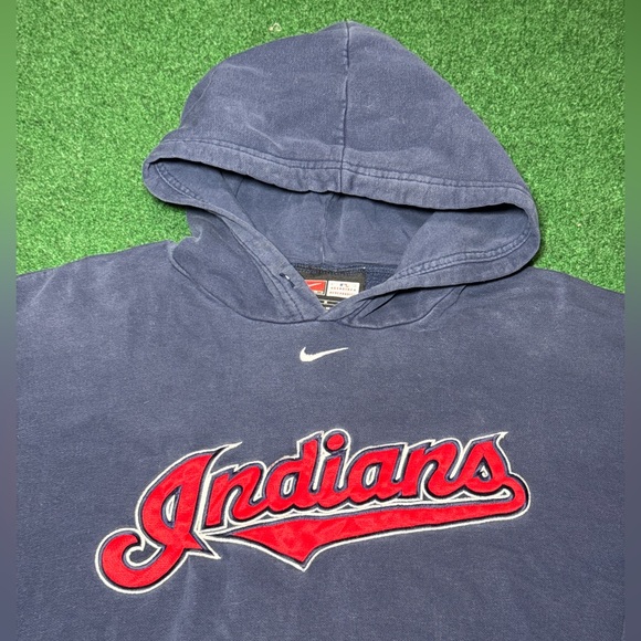 Vintage Nike Center Swoosh Check Y2K 90s Cleveland Indians Med Pullover Hoodie - Picture 2 of 7
